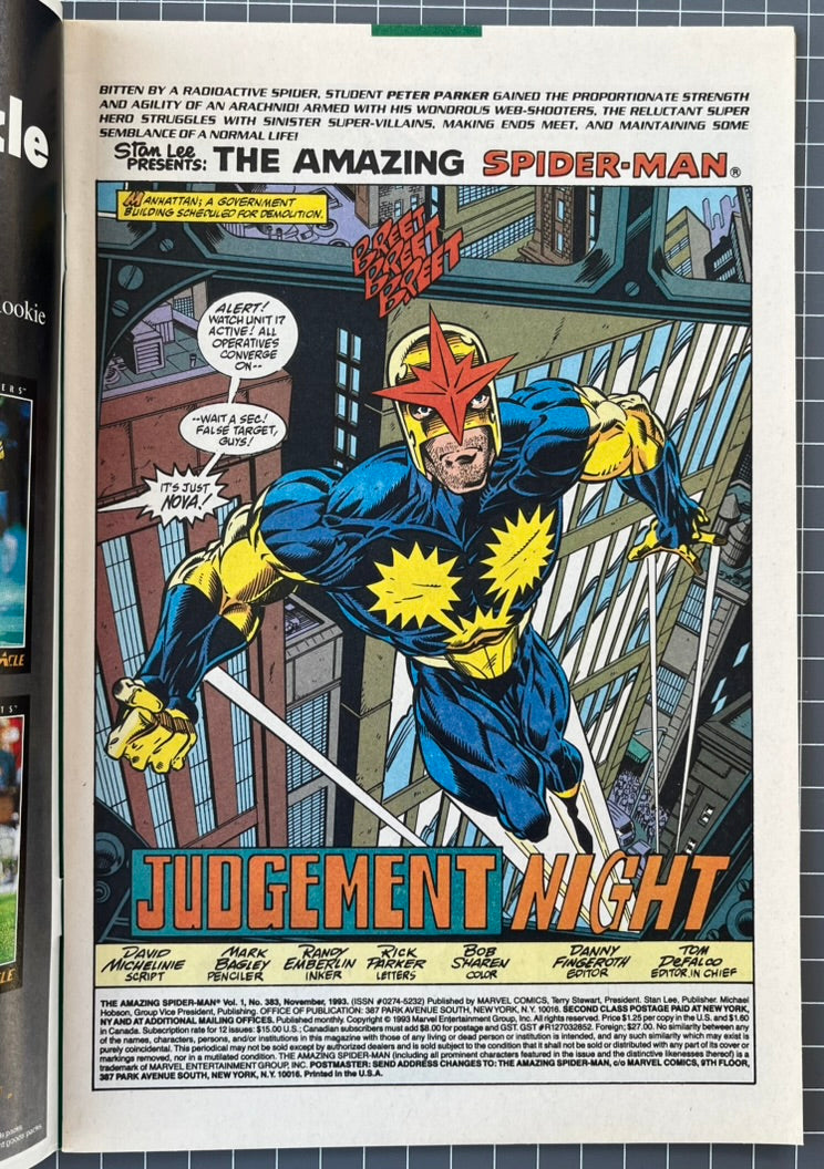 AMAZING SPIDER-MAN #383 [MARVEL COMICS] DIRECT *TRIAL BY JURY PART 1* 1993 NM