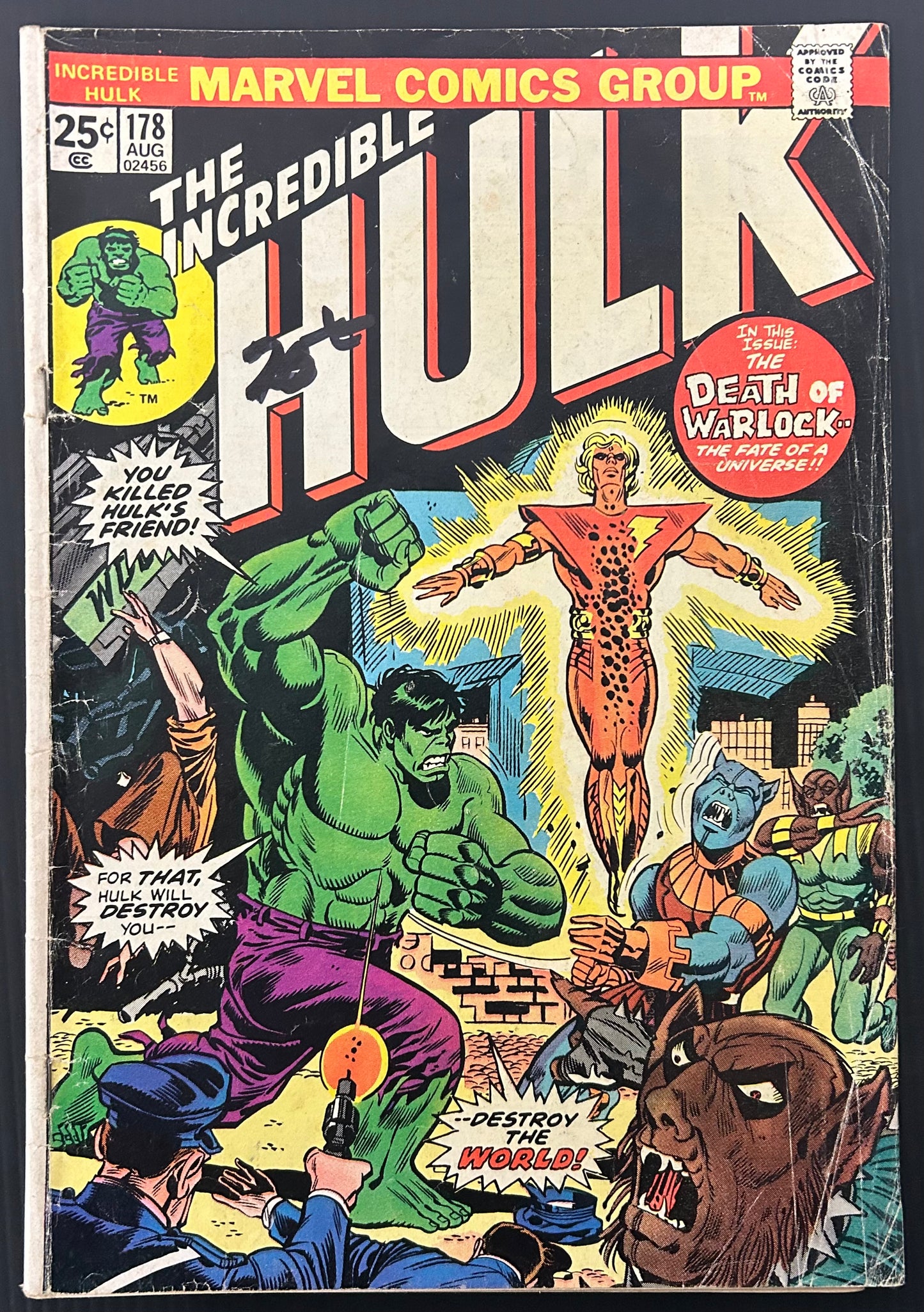 🔑 THE INCREDIBLE HULK #178 [MARVEL COMICS] *ADAM WARLOCK'S REBIRTH* 1974 GD/VG