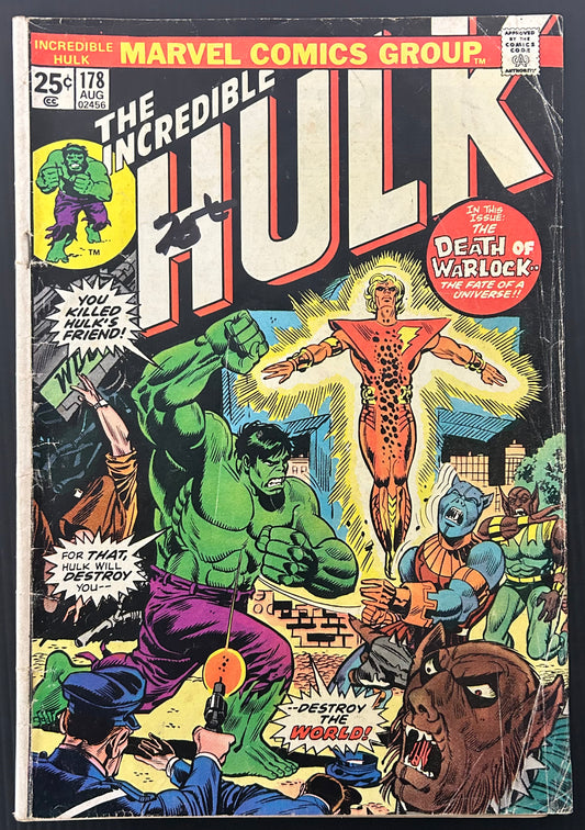 🔑 THE INCREDIBLE HULK #178 [MARVEL COMICS] *ADAM WARLOCK'S REBIRTH* 1974 GD/VG