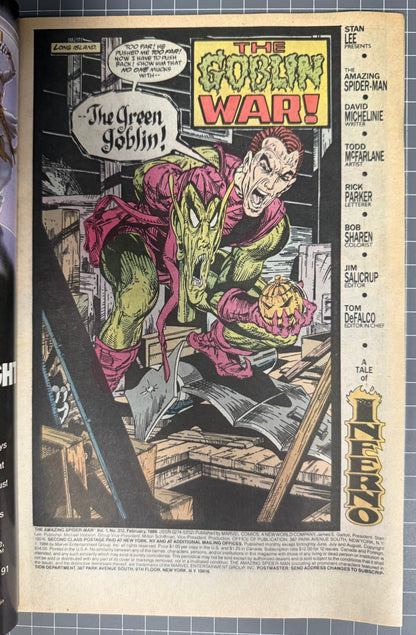🔑 AMAZING SPIDER-MAN #312 [MARVEL COMICS] HOBGOBLIN VS GREEN GOBLIN 1989 FN+
