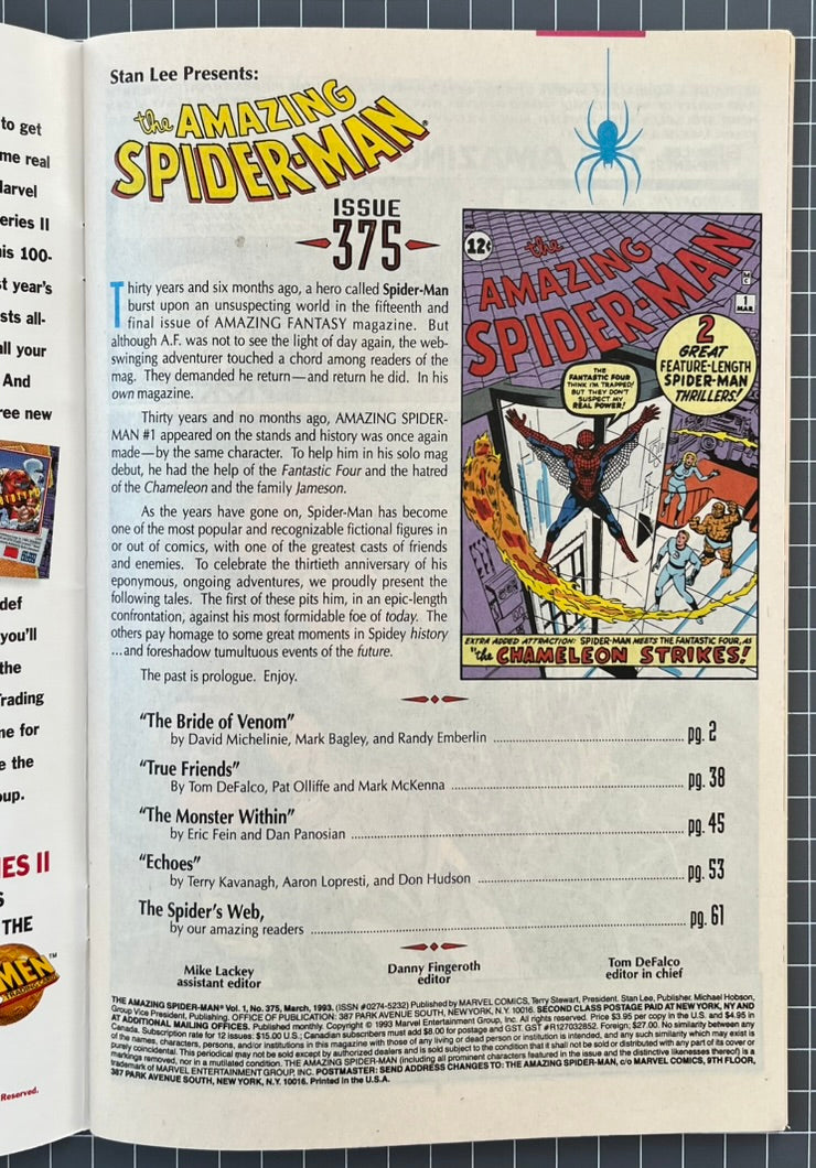🔑 THE AMAZING SPIDER-MAN #375 [MARVEL COMICS] *1ST APP. ANN WEYING* 1993 VF