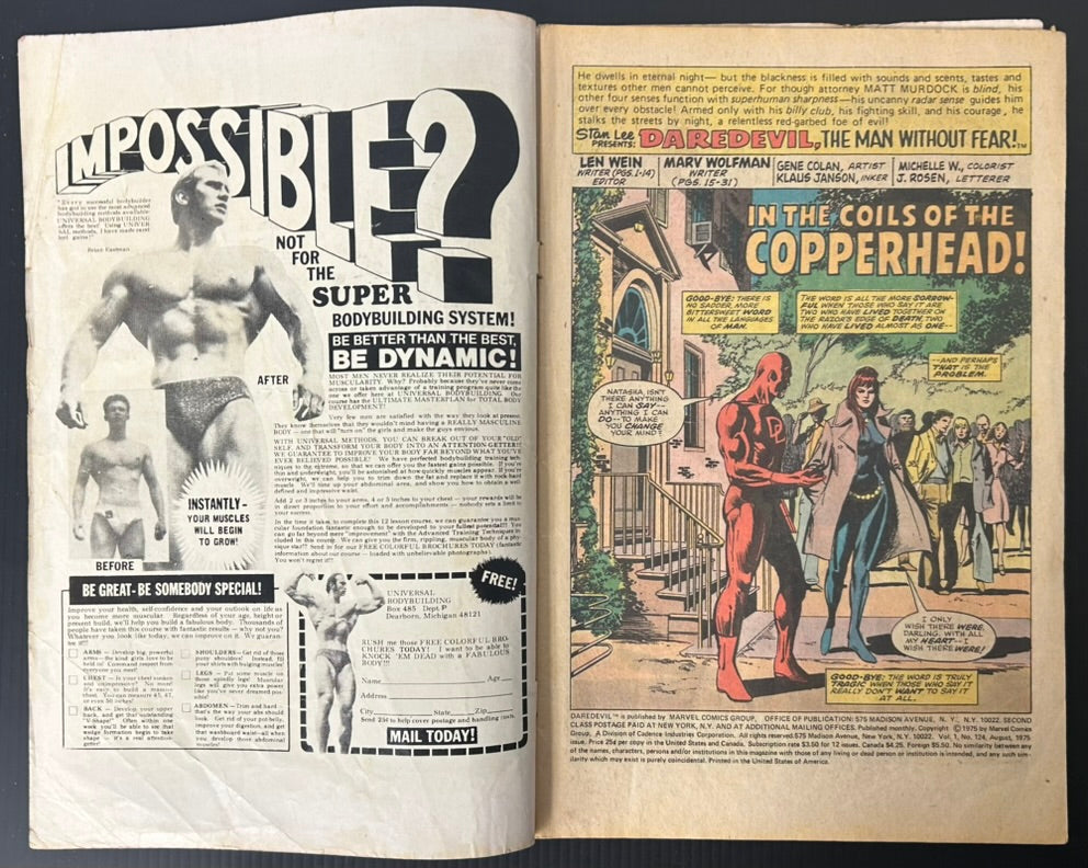 🔑 DAREDEVIL #124 [MARVEL COMICS] DIRECT *1ST AP. COPPERHEAD* 1975 GD
