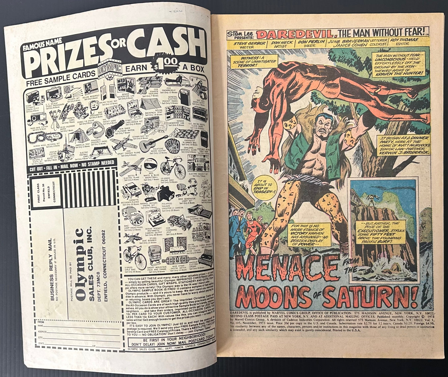 🔑 DAREDEVIL #105 [MARVEL COMICS] DIRECT *1ST APP. & OIRGIN MOONDRAGON 1973 VG+