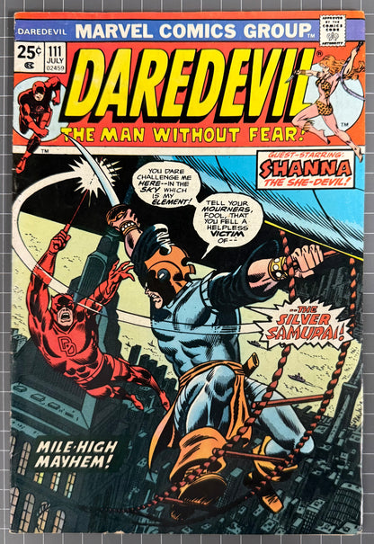 🔑 DAREDEVIL #111 [MARVEL COMICS] DIRECT *1ST APP. SILVER SAMURAI* 1974 FN
