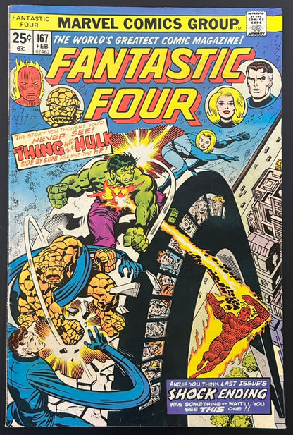 🔑 FANTASTIC FOUR #167 [MARVEL COMICS] DIRECT *FANTASTIC FOUR VS THE HULK* 1976 FN