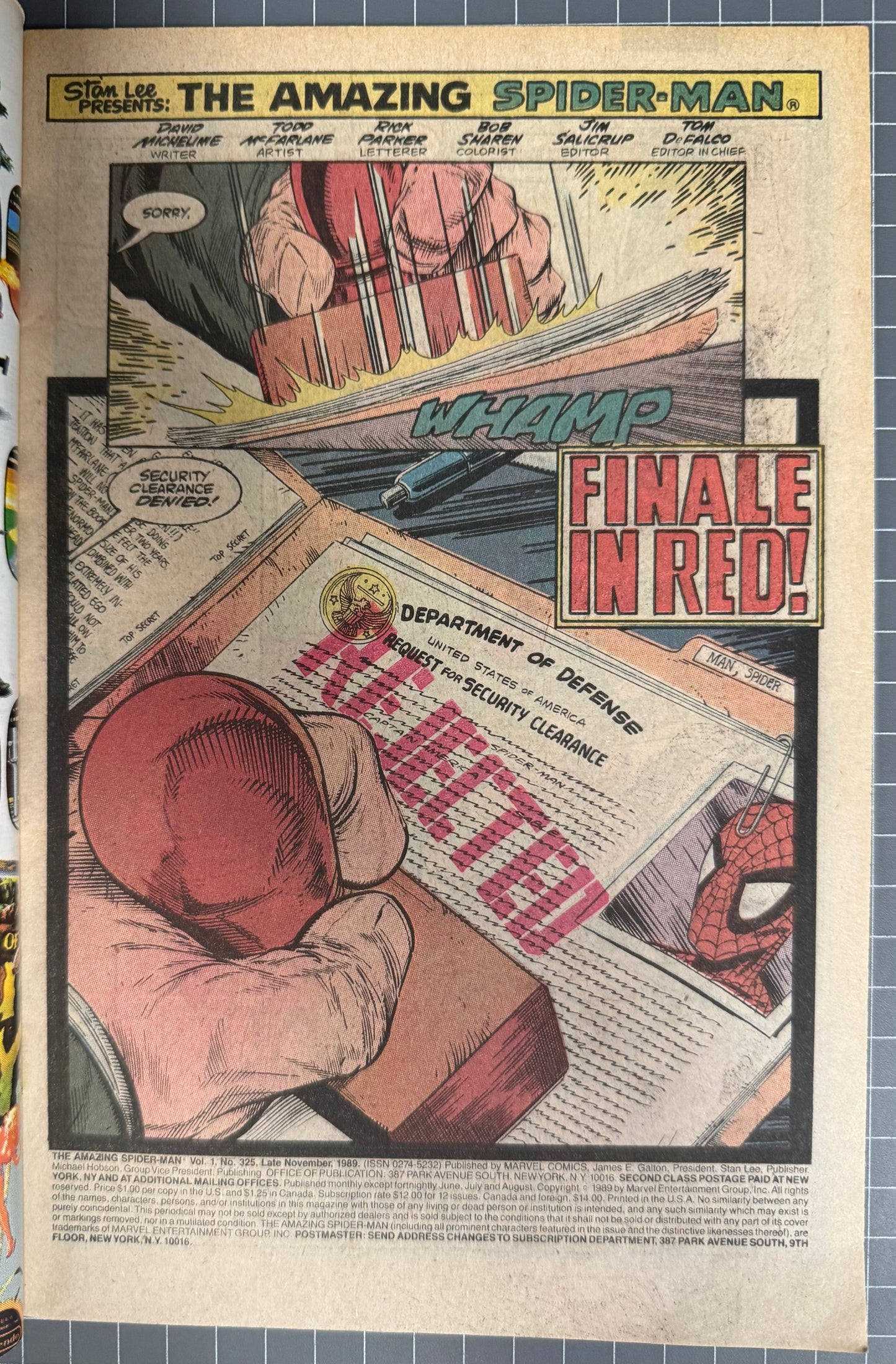 🔑 THE AMAZING SPIDER-MAN #325 [MARVEL COMICS] *TODD MCFARLANE COVER* 1989 VG+