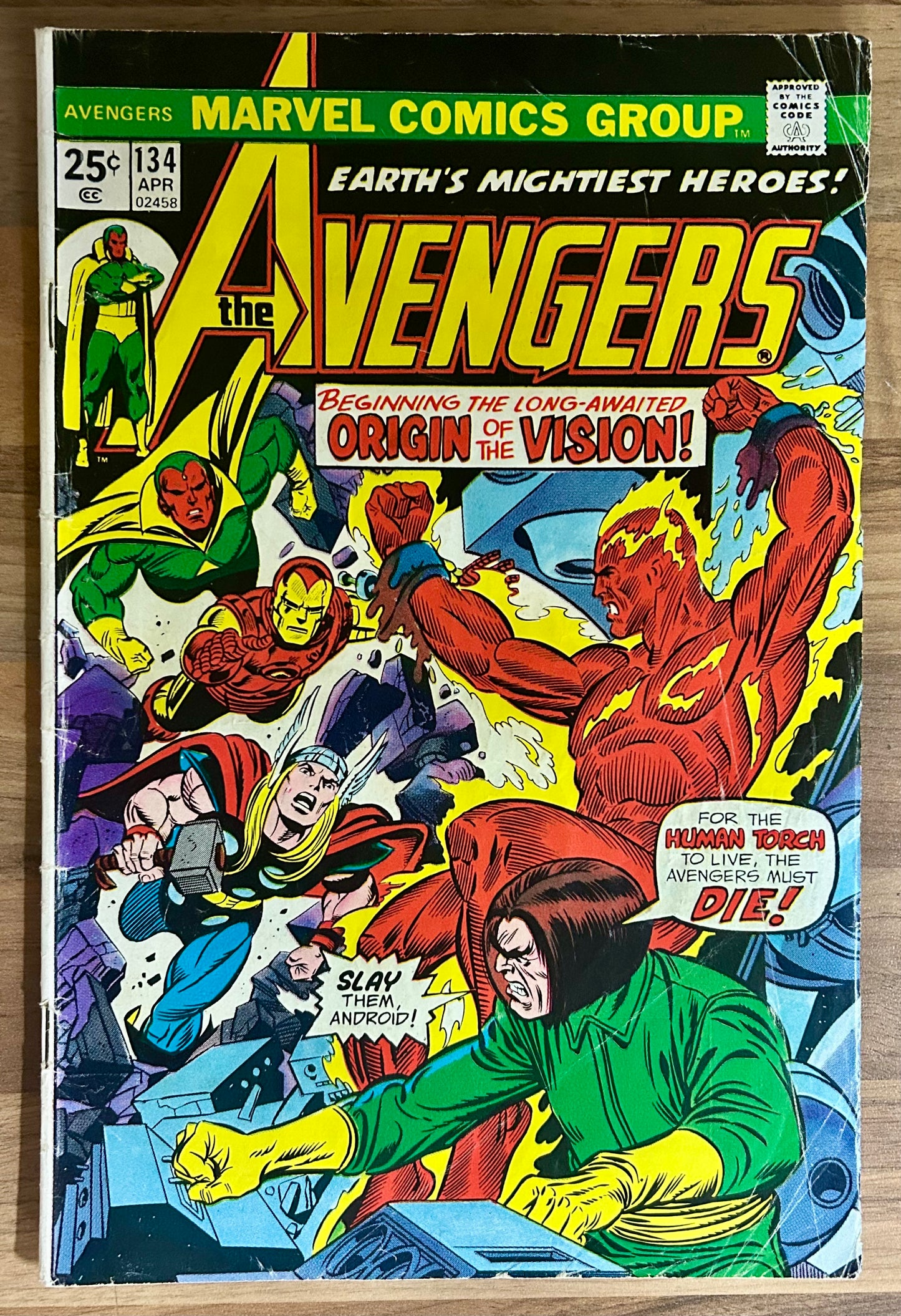 🔑 THE AVENGERS #134 [MARVEL COMICS] *VISION TORCH ORIGIN* 1975 GD/VG