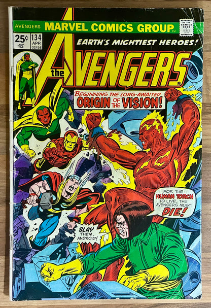 🔑 THE AVENGERS #134 [MARVEL COMICS] *VISION TORCH ORIGIN* 1975 GD/VG