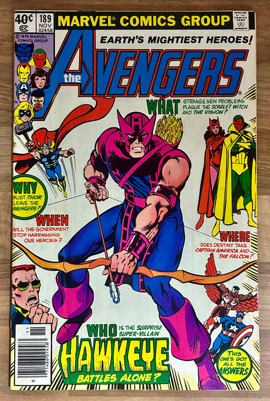 🔑 THE AVENGERS #189 [MARVEL COMICS] *HAWKEYE SOLO BATTLE* 1979 FN+