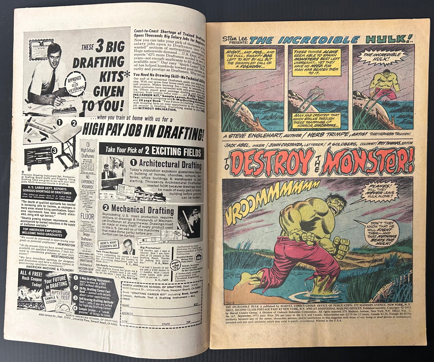 THE INCREDIBLE HULK #167 [MARVEL COMICS] DIRECT 1973 VG