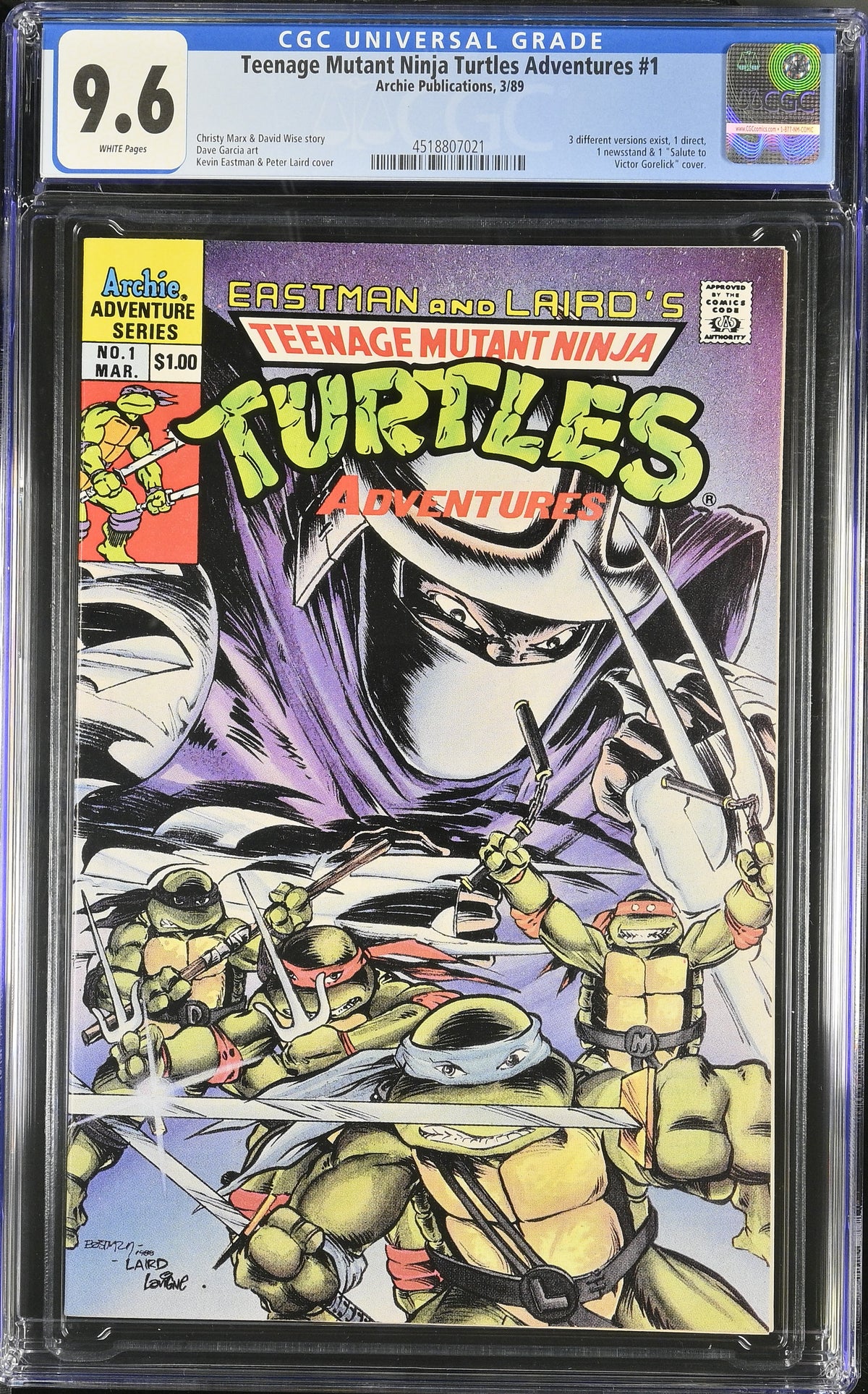 🔑 TEENAGE MUTANT NINJA TURTLES ADVENTURES #1 CGC 9.6 [ARCHIE COMICS] 1989