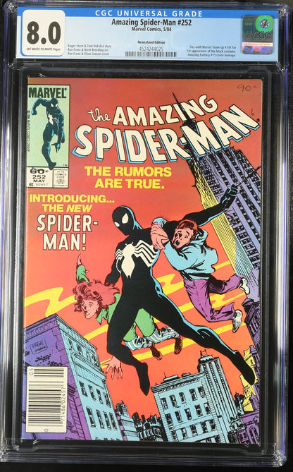 🔑 THE AMAZING SPIDER-MAN #252 CGC 8.0 NEWSSTAND MARVEL COMIC 1ST BLACK COSTUME 1984