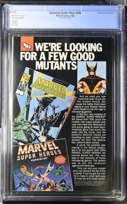 🔑 AMAZING SPIDER-MAN #298 CGC 9.0 NEWSSTAND MARVEL TODD MCFARLANE COMIC 1988