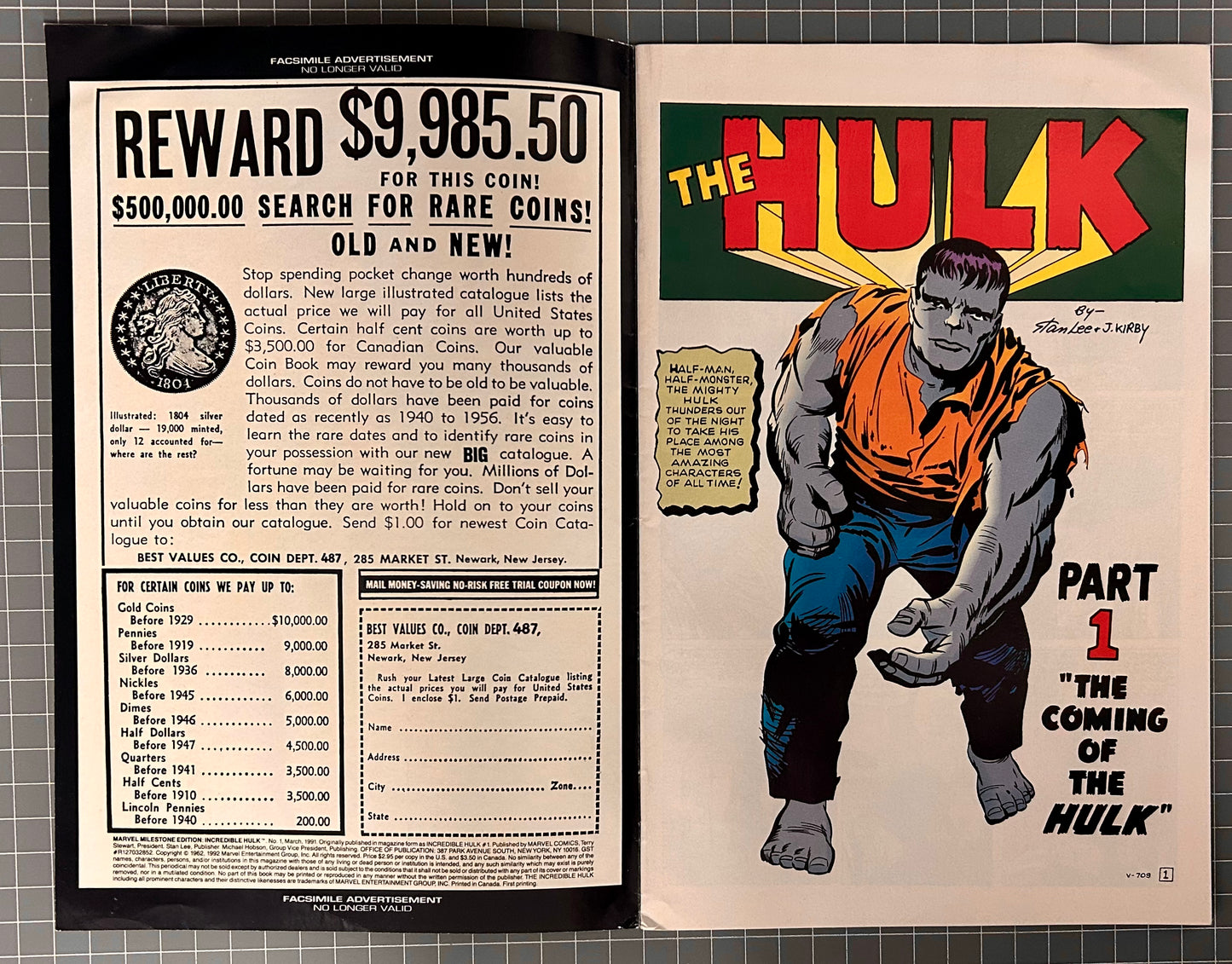 MARVEL MILESTONE EDITION: THE INCREDIBLE HULK #1 [MARVEL COMICS] DIRECT 1991 FN