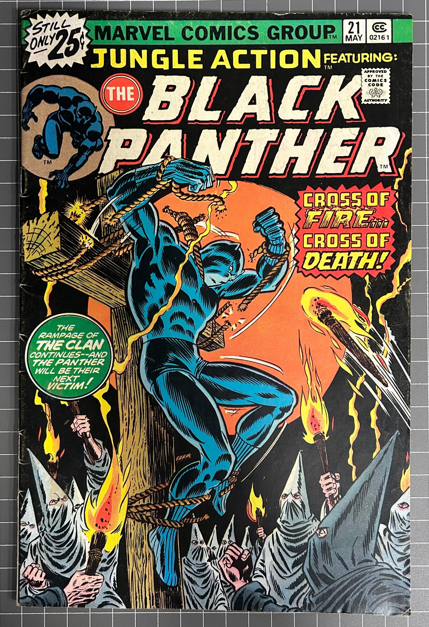🔑 JUNGLE ACTION #21 [MARVEL COMICS] *BLACK PANTHER VS KU KLUX KLAN* 1976 FN