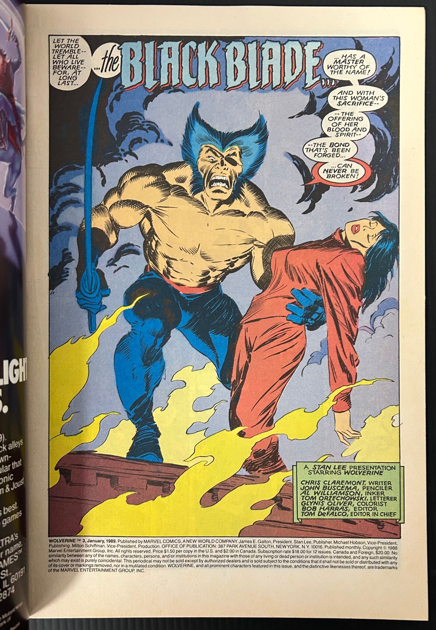 WOLVERINE #3 [MARVEL COMICS] DIRECT COMIC 1989 VF-