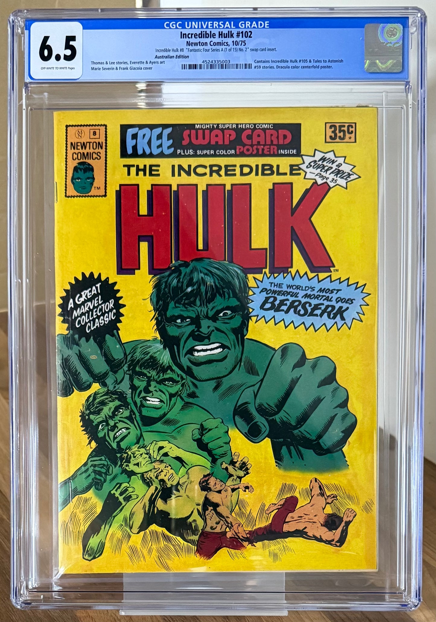 🔑 THE INCREDIBLE HULK #8 CGC 6.5+POSTER+SWAP CARD [NEWTON COMICS] AUSTRALIAN MARVEL 1975