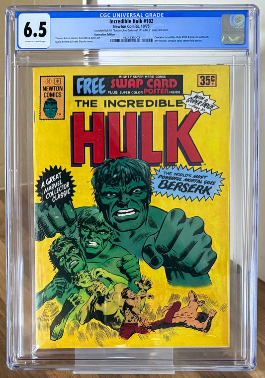 🔑 THE INCREDIBLE HULK #8 CGC 6.5+POSTER+SWAP CARD [NEWTON COMICS] AUSTRALIAN MARVEL 1975