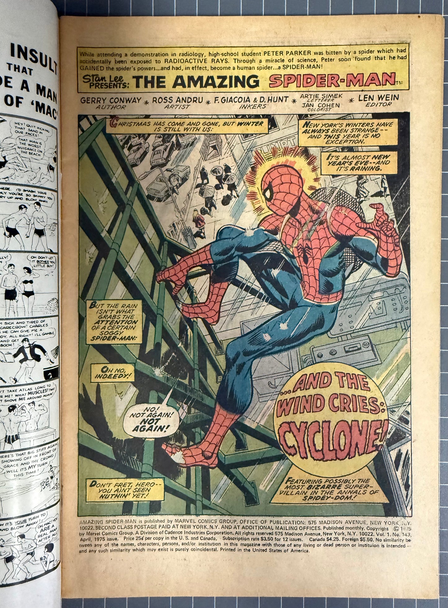 🔑 AMAZING SPIDER-MAN #143 [MARVEL COMICS] *1ST APP. CYCLONE* 1975 FN-