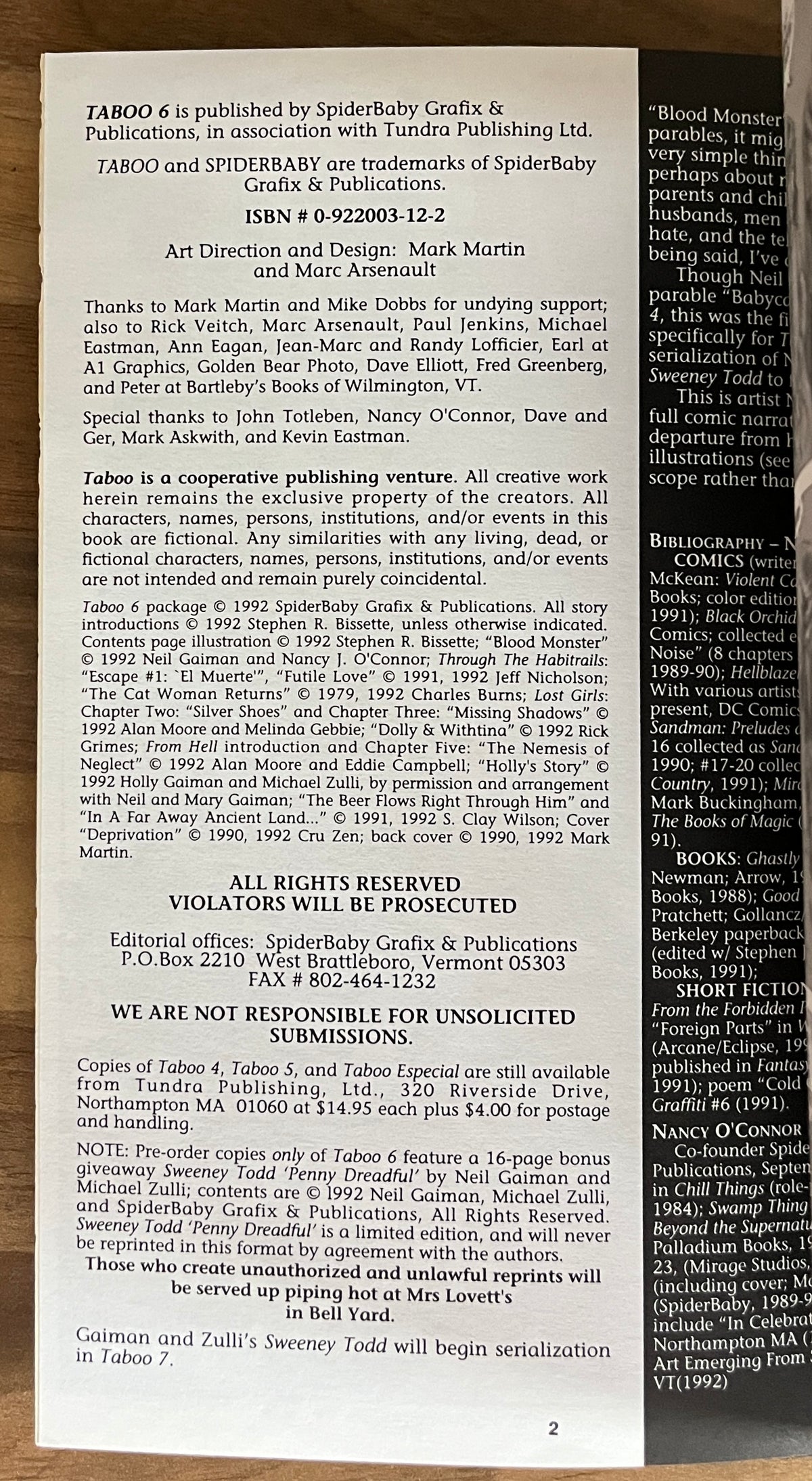Taboo 6 - Stephen R Bissette, Spiderbaby + Original Tundra order form insert