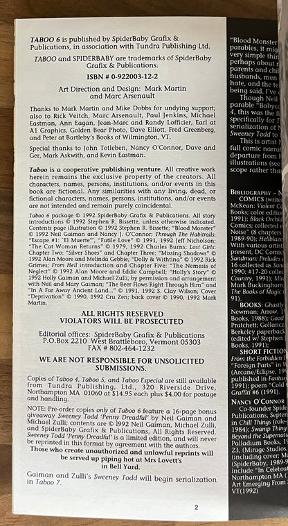 Taboo 6 - Stephen R Bissette, Spiderbaby + Original Tundra order form insert