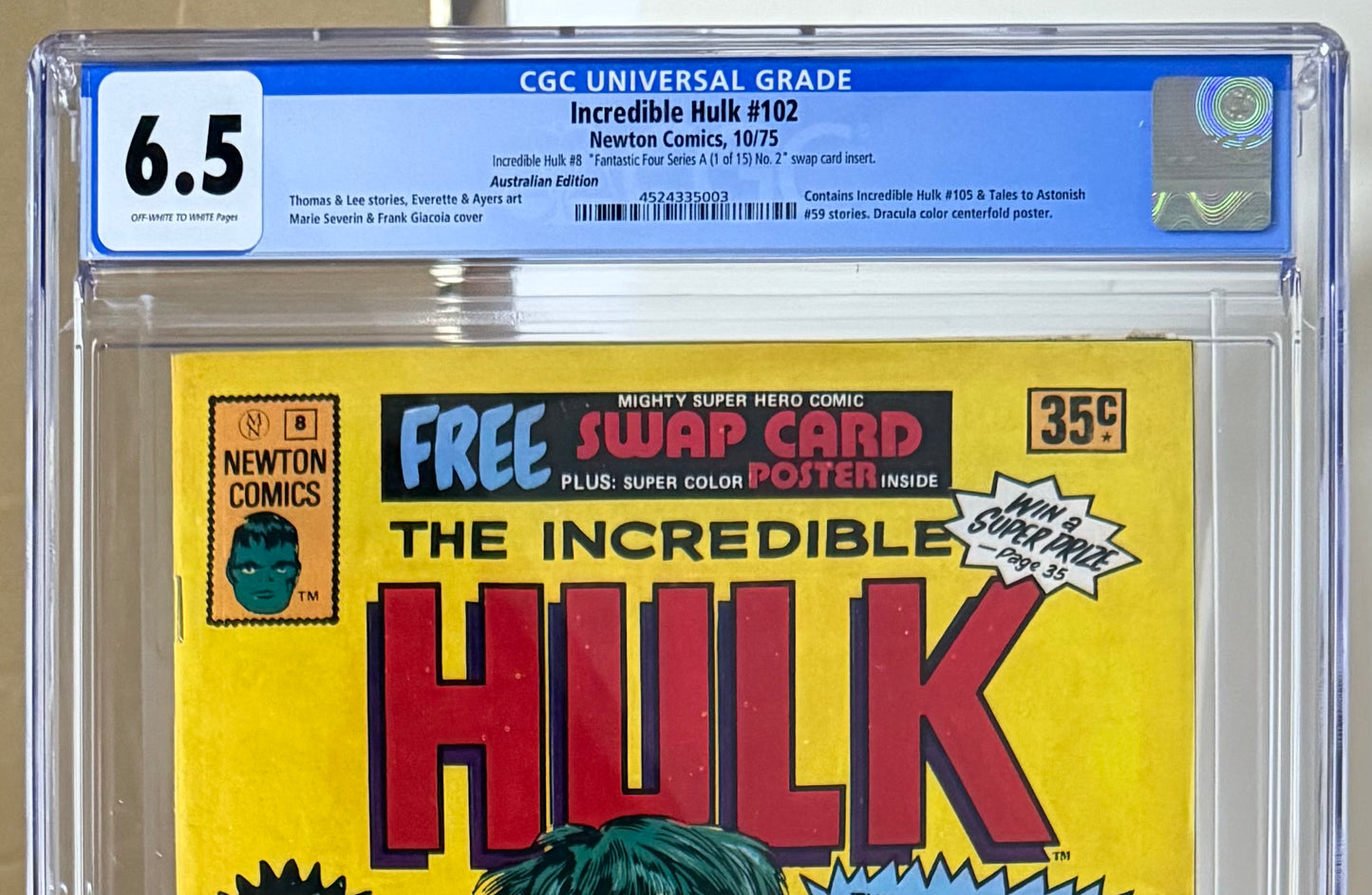 🔑 THE INCREDIBLE HULK #8 CGC 6.5+POSTER+SWAP CARD [NEWTON COMICS] AUSTRALIAN MARVEL 1975