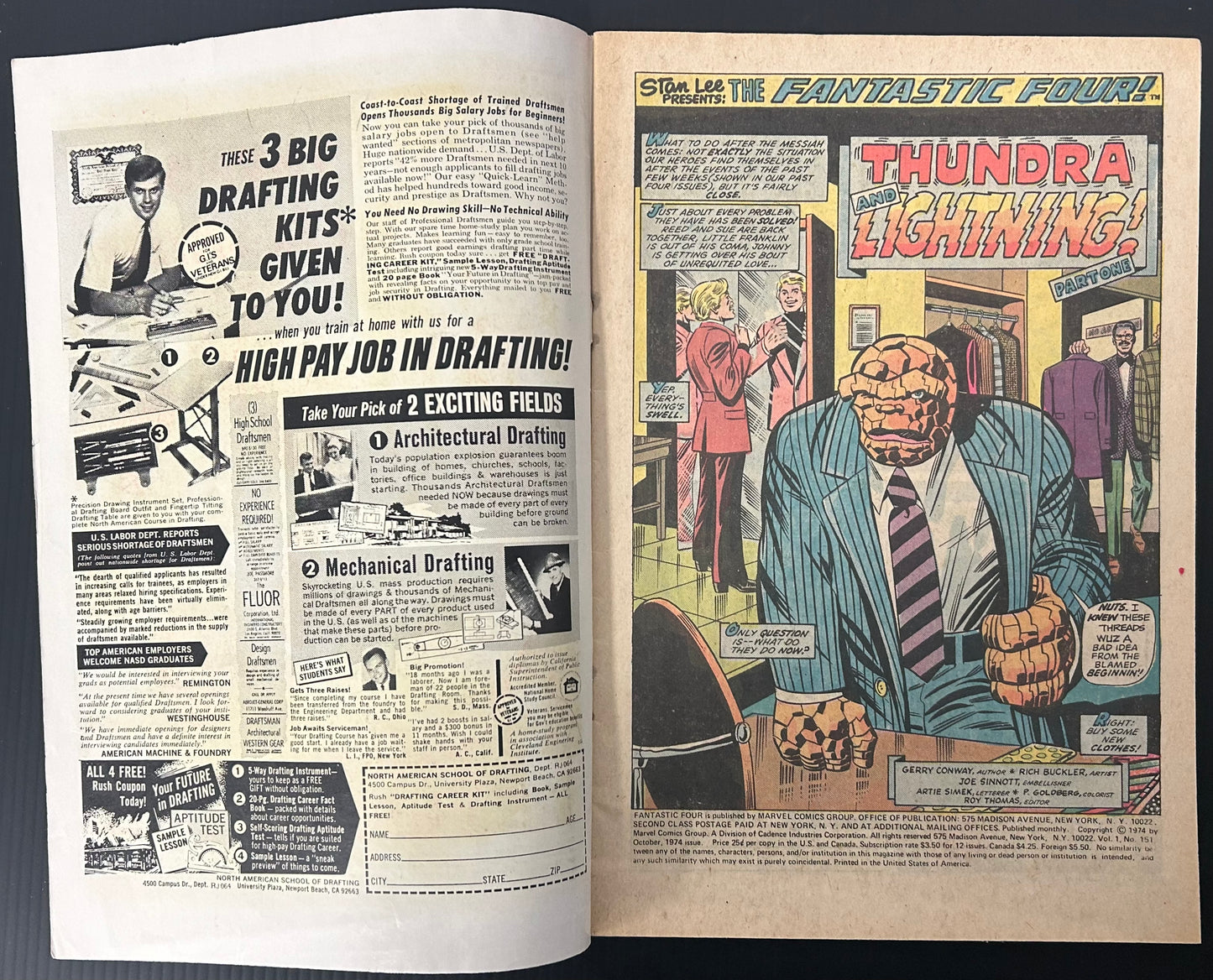 🔑 FANTASTIC FOUR #151 [MARVEL COMICS] DIRECT *ORIGIN OF THUNDRA* 1974 VG/FN