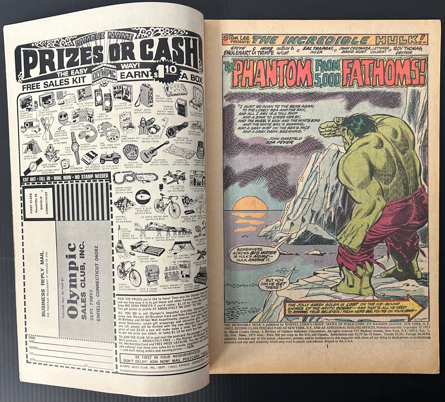 🔑 THE INCREDIBLE HULK #164 [MARVEL COMICS] *1ST APP CAPTAIN OMEN* 1973 FN/VF