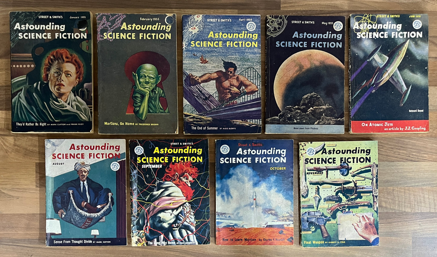 Lot of 9 British Astounding Science Fiction Magazines 1955 Jan Feb Apr May Jun Aug Sep Oct Nov
