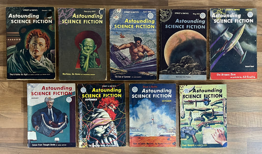Lot of 9 British Astounding Science Fiction Magazines 1955 Jan Feb Apr May Jun Aug Sep Oct Nov