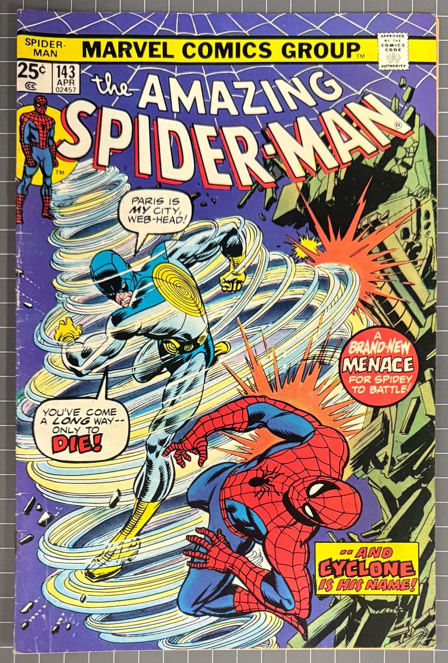 🔑 AMAZING SPIDER-MAN #143 [MARVEL COMICS] *1ST APP. CYCLONE* 1975 FN-