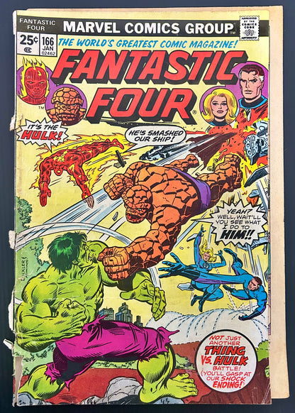 🔑 FANTASTIC FOUR #166 [MARVEL COMICS] DIRECT *HULK VS THE THING* 1976