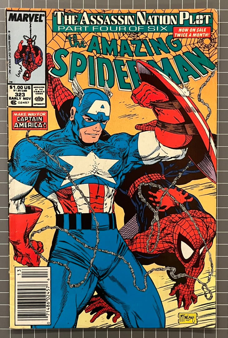🔑 THE AMAZING SPIDER-MAN #323 [MARVEL COMICS] NEWSSTAND *1ST APP. SOLO* 1989 FN
