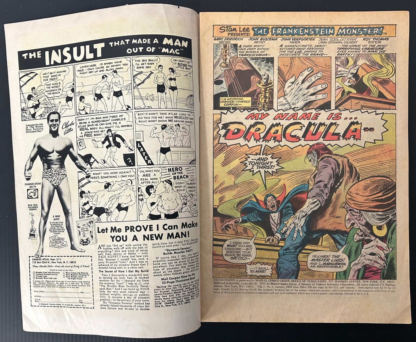 🔑 FRANKENSTEIN #8 [MARVEL COMICS] *1ST MEET DRACULA X FRANKENSTEIN* 1974 VG+