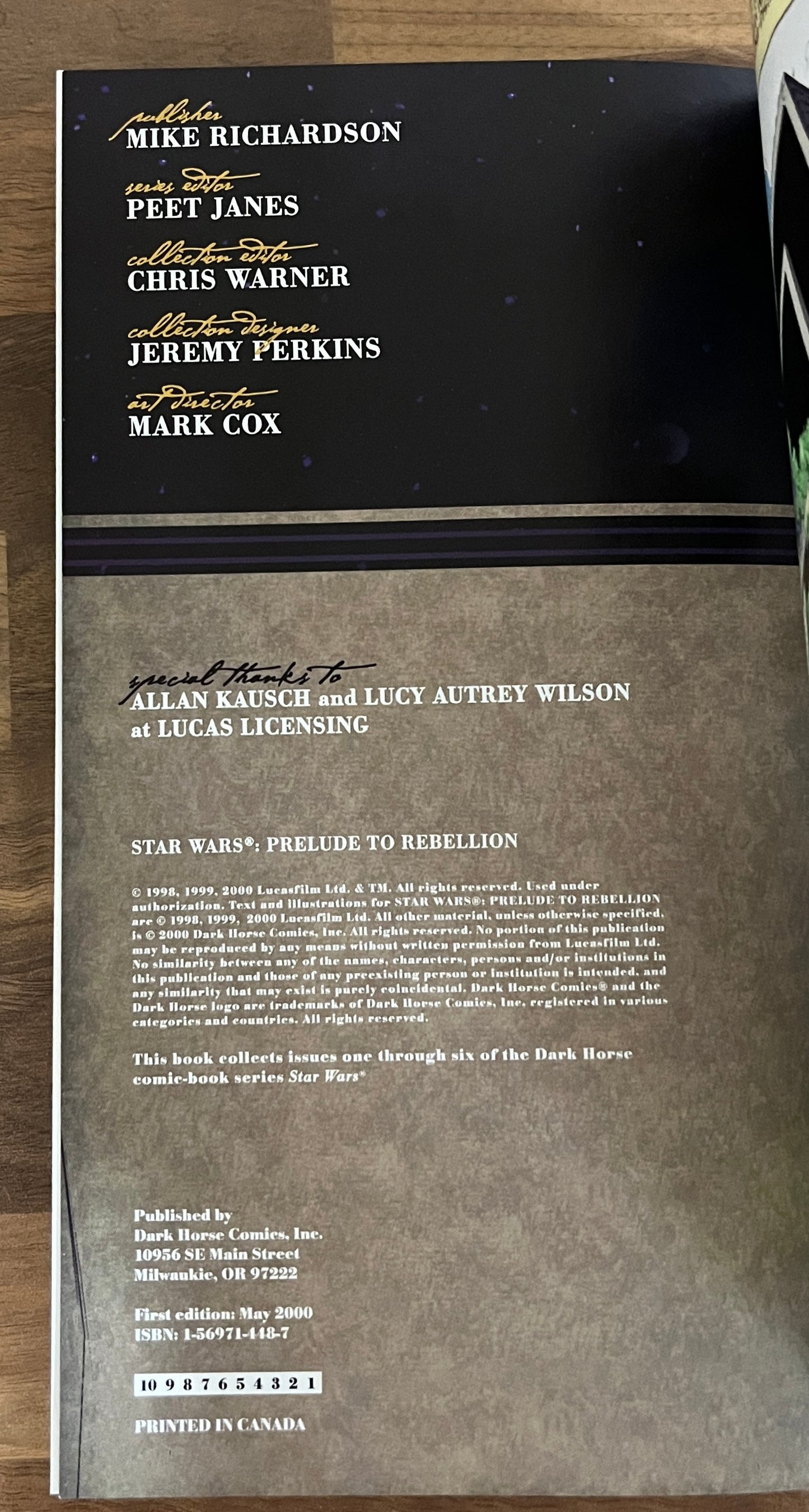 Star Wars: Prelude to Rebellion Graphic Novel - Jan Strnad 1st Print. 2000 Dark Horse