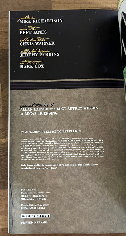 Star Wars: Prelude to Rebellion Graphic Novel - Jan Strnad 1st Print. 2000 Dark Horse