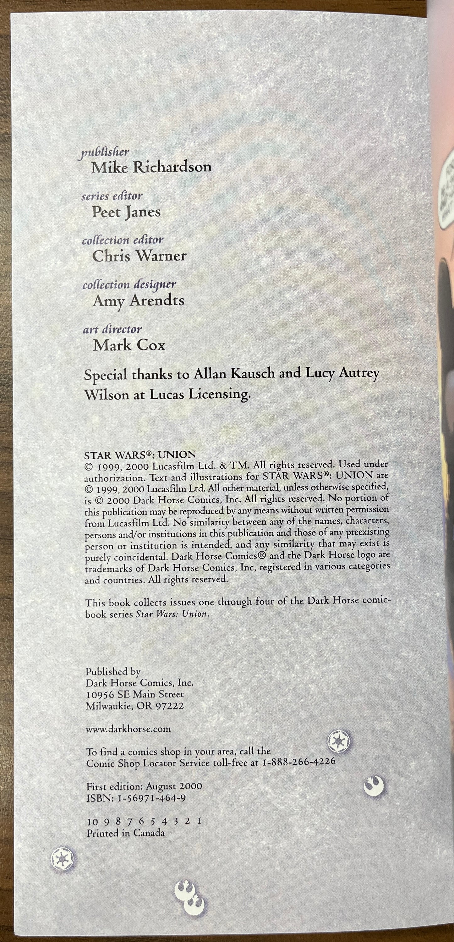 Star Wars: Union  Graphic Novel TPB -  Michael Stackpole, Dark Horse Comics, 1st Ed/1st Print 2000