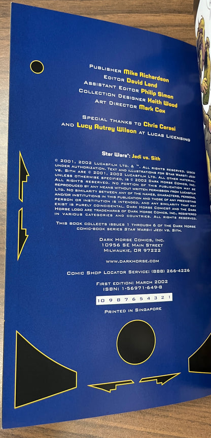 Star Wars: Jedi vs Sith Graphic Novel by Darko Macan Dark Horse Comics, 2002, 1st Print