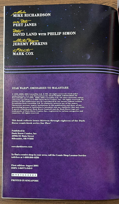 Star Wars Emissaries of Malastare Graphic Novel, 2001, 1st Print Dark Horse MINT