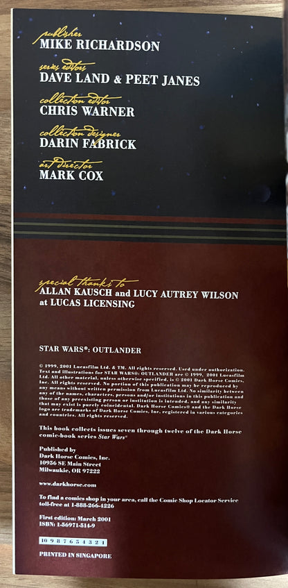 Star Wars: Outlander Graphic Novel - Tim Truman 1st Print. 2001 Dark Horse, 1st Print